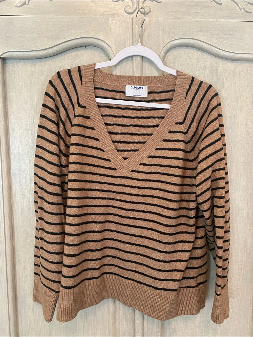Old Navy Camel & Black Striped V-Neck Sweater